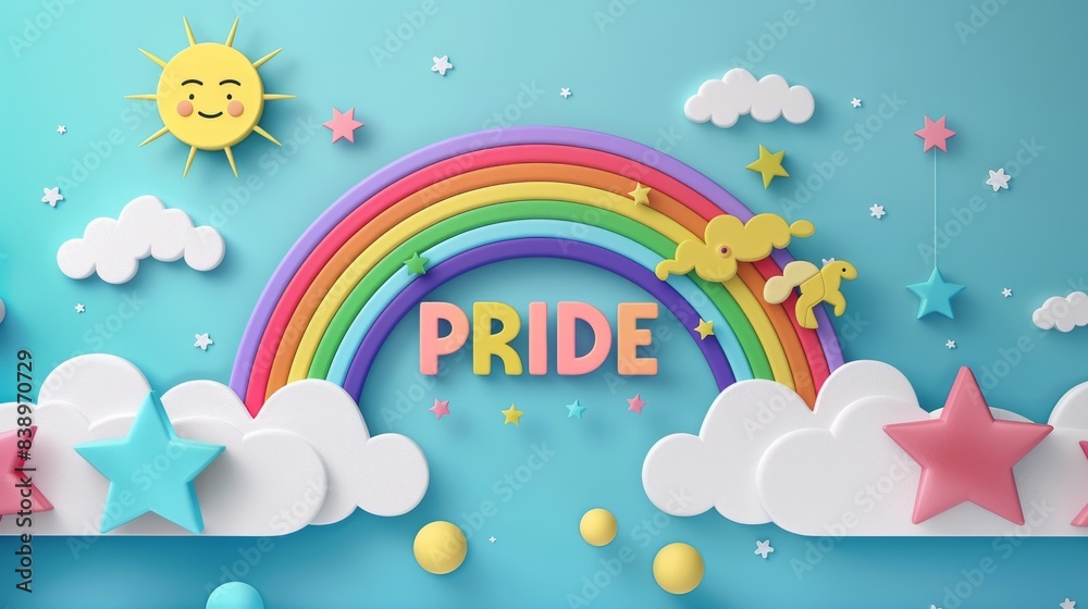 Whimsical pride rainbow with clouds and stars on light blue background, showcasing joy, inclusivity, and celebration in a playful, dreamy illustration. Whimsical pride rainbow with clouds and stars on light blue background, showcasing joy, inclusivity, and celebration in a playful, dreamy illustration.