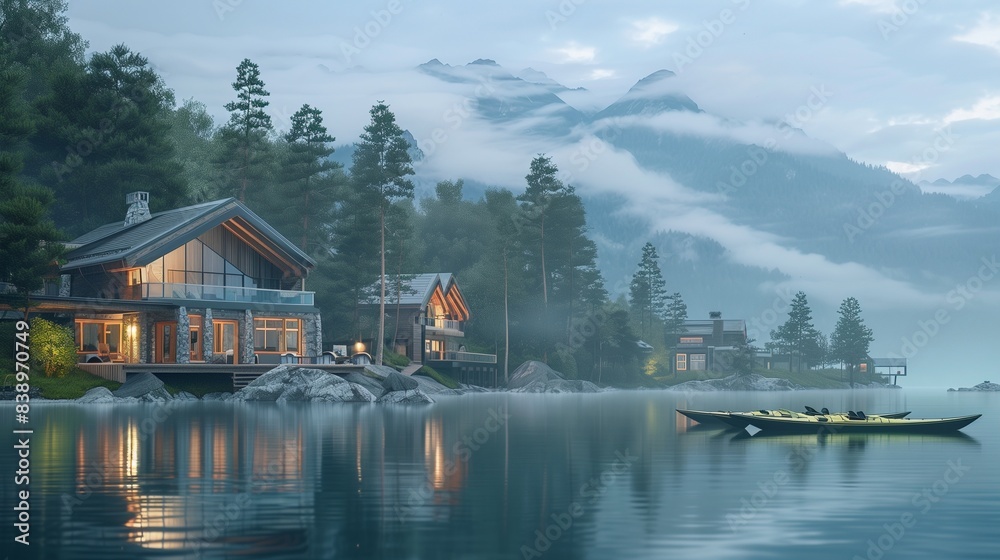 Fototapeta premium A serene lakeside resort with elegant cabins and kayaks for exploring the calm waters.