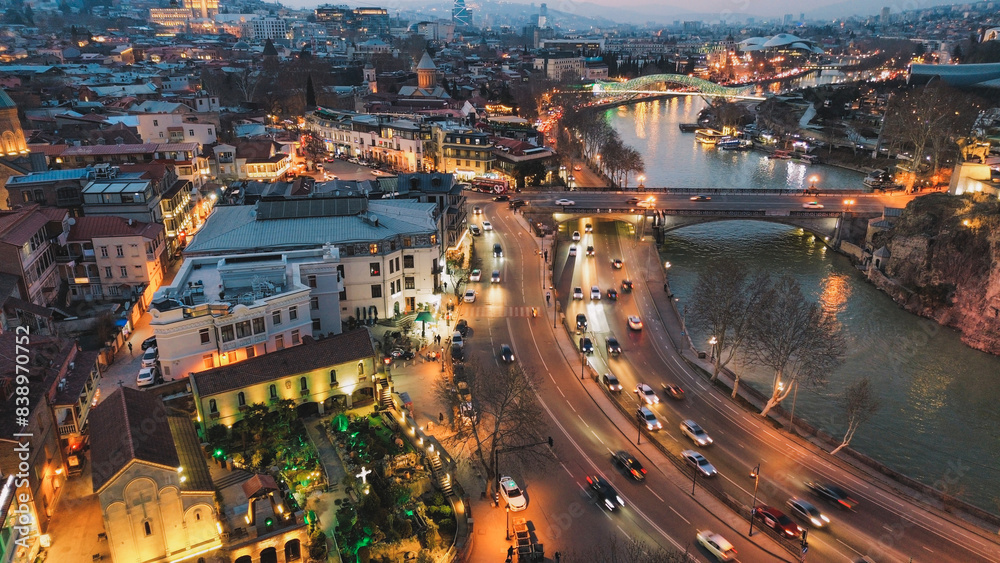 Fototapeta premium Tbilisi city and landscape of old city view at night with drone
