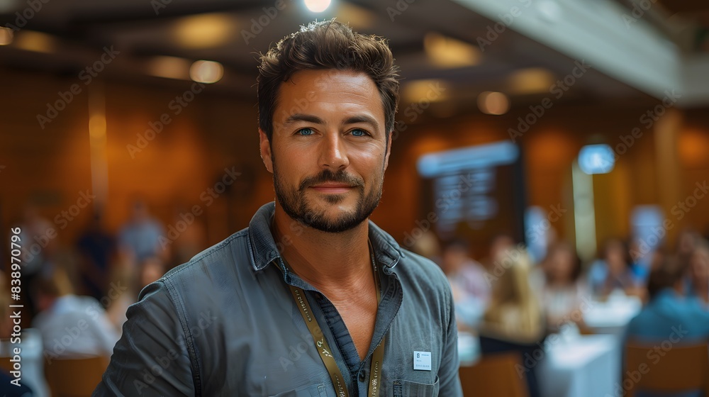 Confident businessman in a casual shirt attending a networking event or conference, surrounded by professionals in a modern and vibrant atmosphere. Confident businessman in a casual shirt attending a networking event or conference, surrounded by professionals in a modern and vibrant atmosphere.