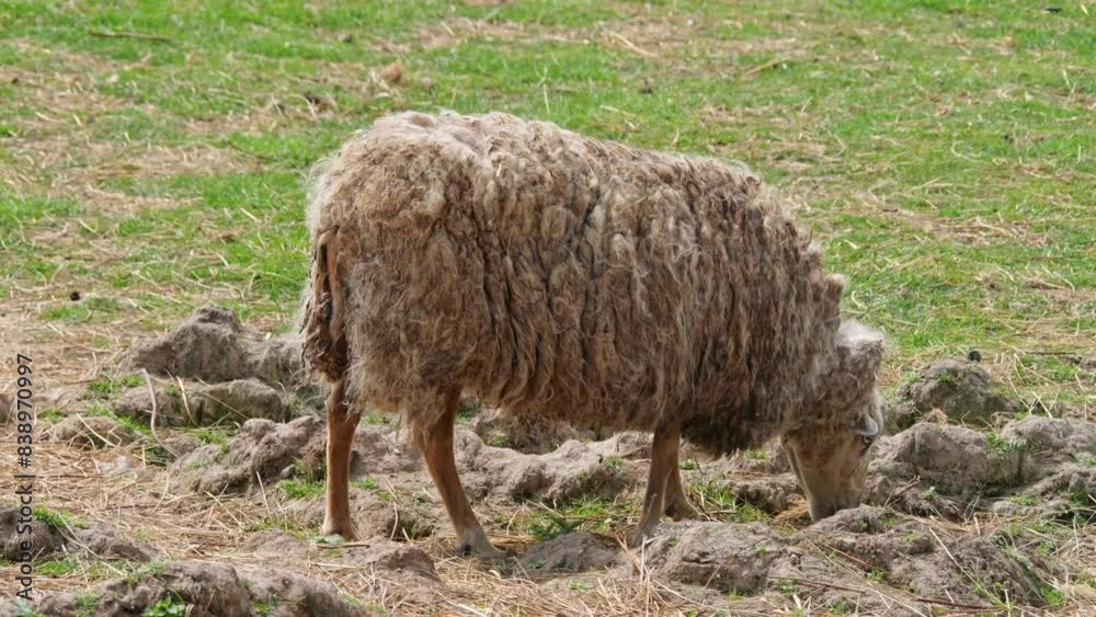 A large pasture with unshorn sheep. An organic farm producing sheep cheese and milk. Sheep eat hay from special feeders and walk on the grass in the sun. A large pasture with unshorn sheep. An organic farm producing sheep cheese and milk. Sheep eat hay from special feeders and walk on the grass in the sun.