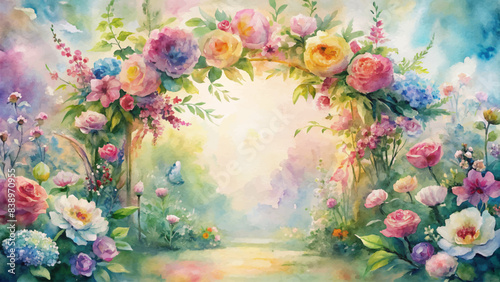 Watercolor background featuring floral arch decorations