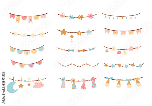 Baby birthday garland flags  balloons hand drawn elements