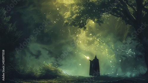 Sorcerer in a Dark Cloak Casting a Spell with a magic wand in a dark cave, showcasing their magical abilities photo