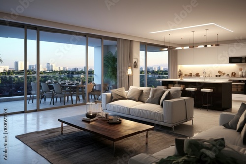 Elegant living space in a high-end apartment featuring stylish decor and city skyline views at dusk