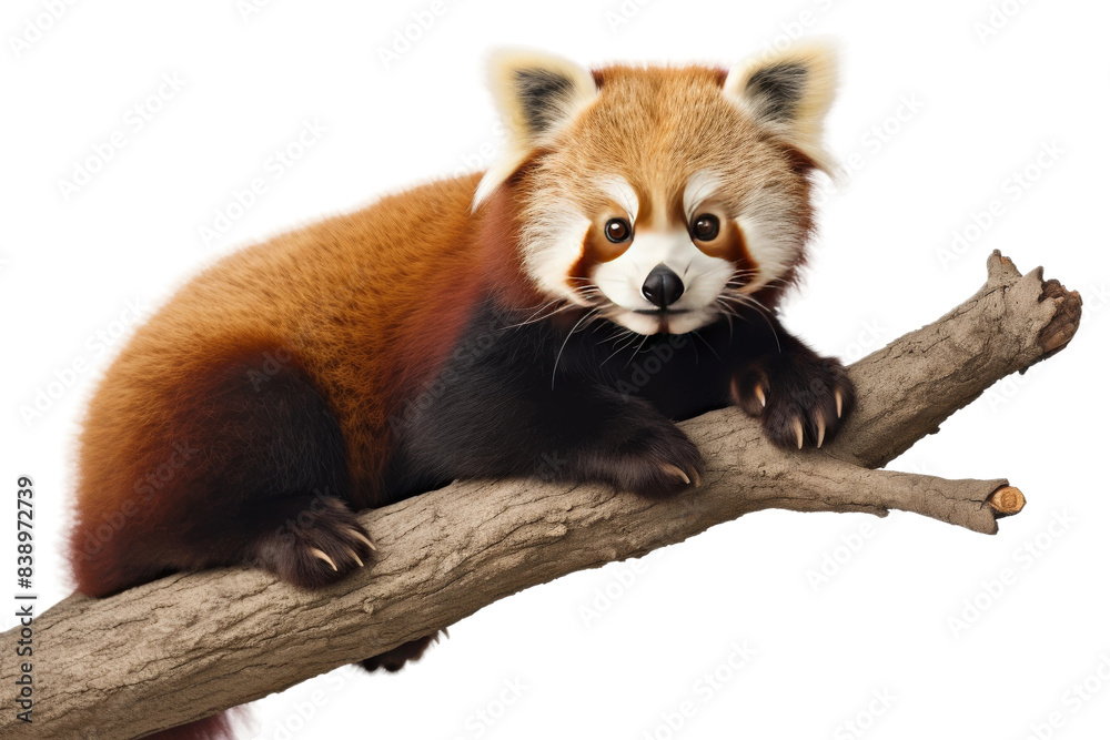Fototapeta premium The Majestic Red Panda King on His Tree Throne on a White or Clear Surface PNG Transparent Background..