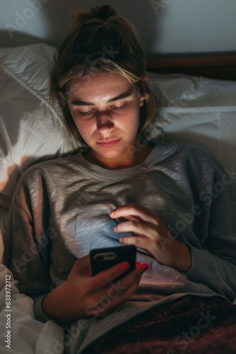 Young woman in bed at night, texting on her phone with a serious expression, illuminated by the phone screen’s light.