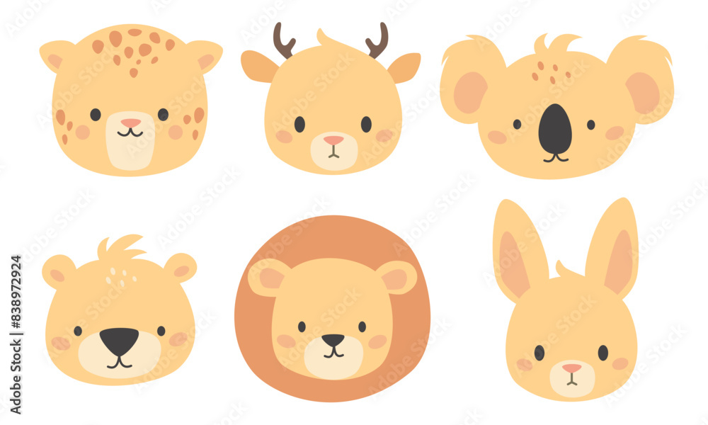 Set of vector cute animal faces. Leopard, lion, bear and deer koala hare. Illustrations in children's style on white background . Vector illustration Set of vector cute animal faces. Leopard, lion, bear and deer koala hare. Illustrations in children's style on white background . Vector illustration