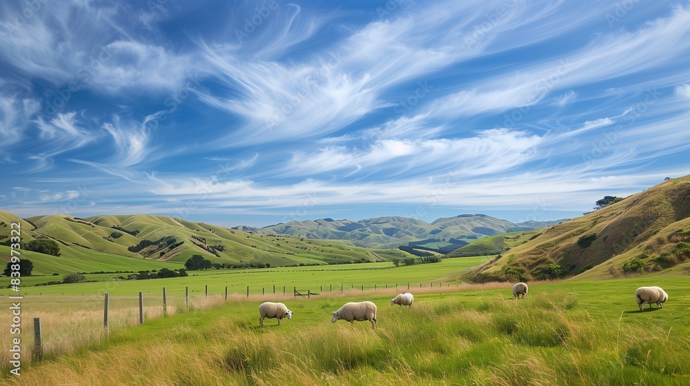 A tranquil countryside landscape with rolling hills and grazing sheep under a vast blue sky. A tranquil countryside landscape with rolling hills and grazing sheep under a vast blue sky.
