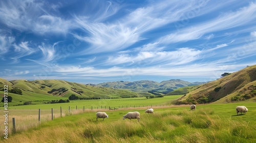 A tranquil countryside landscape with rolling hills and grazing sheep under a vast blue sky. © ammar