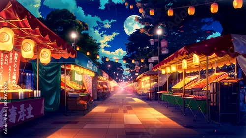 A traditional Japanese summer festival, with food stalls at night. Anime or digital painting style, looping 4k video animation background