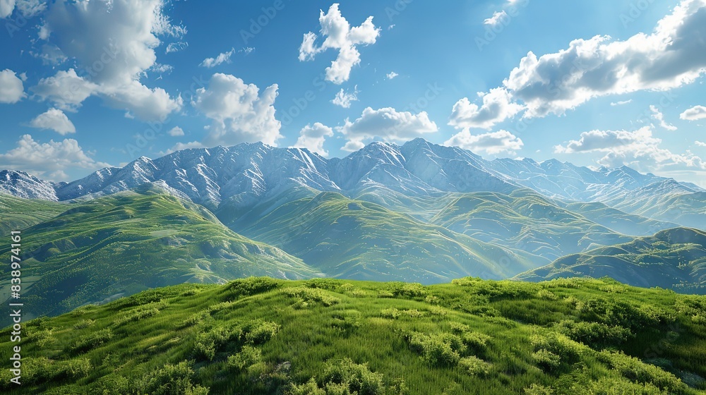 Obraz premium Ecological Environment Protection Promotion Natural Landscape Poster Background Material, Green Mountains Under Blue Sky and White Clouds 