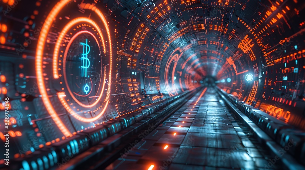 An abstract digital tunnel glowing with neon lights currency symbols floating towards the viewer An abstract digital tunnel glowing with neon lights currency symbols floating towards the viewer
