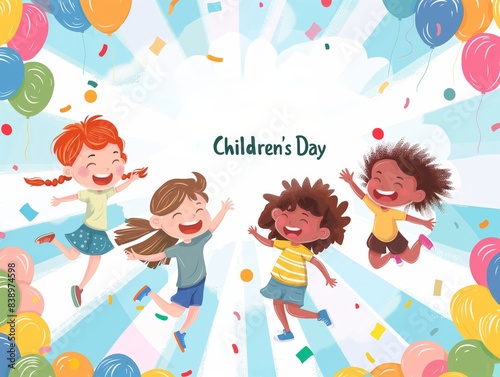 Four joyful children jump and laugh surrounded by colorful balloons and confetti, celebrating Children's Day.
