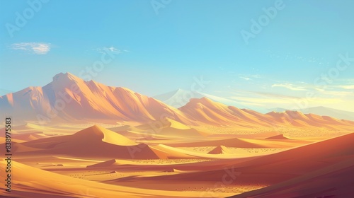 A vast desert expanse with towering sand dunes glowing golden in the afternoon sun.