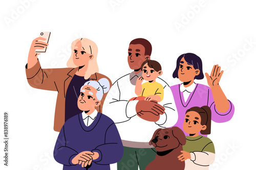 Big family smiles, taking selfie with dog. Several generations: kids, parents, granny do joint photo, picture. Happy people photography together. Flat isolated vector illustration on white background