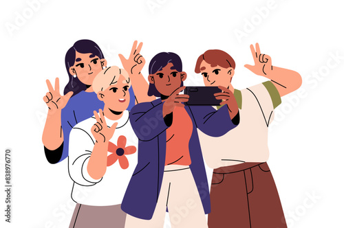 People photography together. Group of diverse friends smile, gesturing with peace sign for selfie. Happy teenagers taking joint photo, picture by phone. Flat isolated vector illustration on white