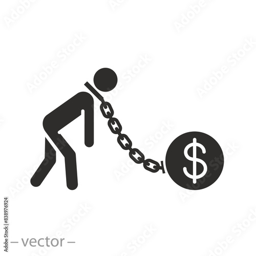 person with finance debt icon, money addiction, sad and tired man, credit duty slave, flat symbol on white background - vector illustration