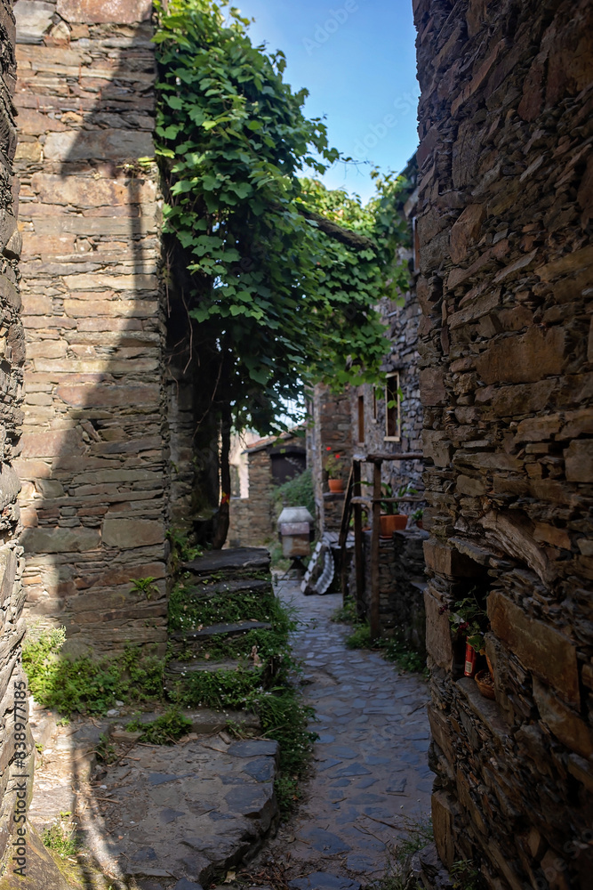 Fototapeta premium Beautiful medieval village Talasnal in Lousa, Portugal on a beautiful day. Child playing on the street of the village with his pet dog