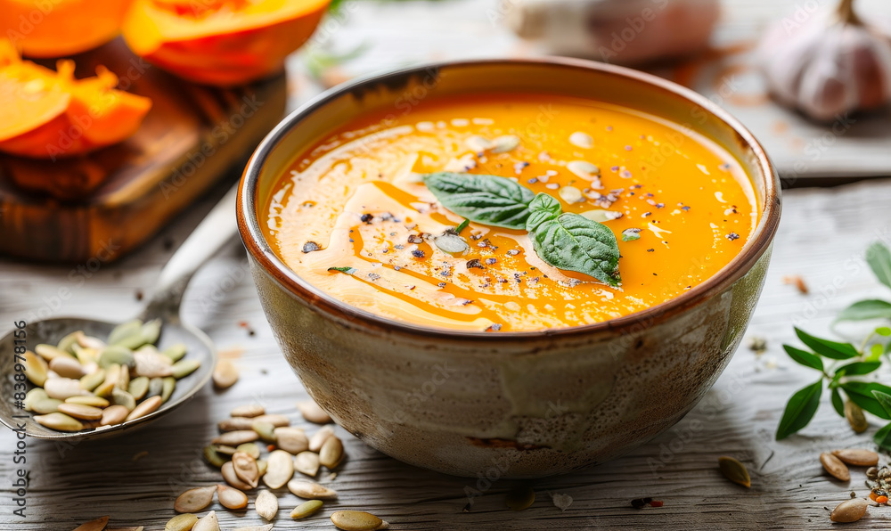 Creamy Pumpkin Soup in Rustic Bowl with Fresh Basil, Pumpkin Seeds, and Spices on Wooden Table, Perfect for Autumn Comfort Food and Seasonal Recipes Creamy Pumpkin Soup in Rustic Bowl with Fresh Basil, Pumpkin Seeds, and Spices on Wooden Table, Perfect for Autumn Comfort Food and Seasonal Recipes