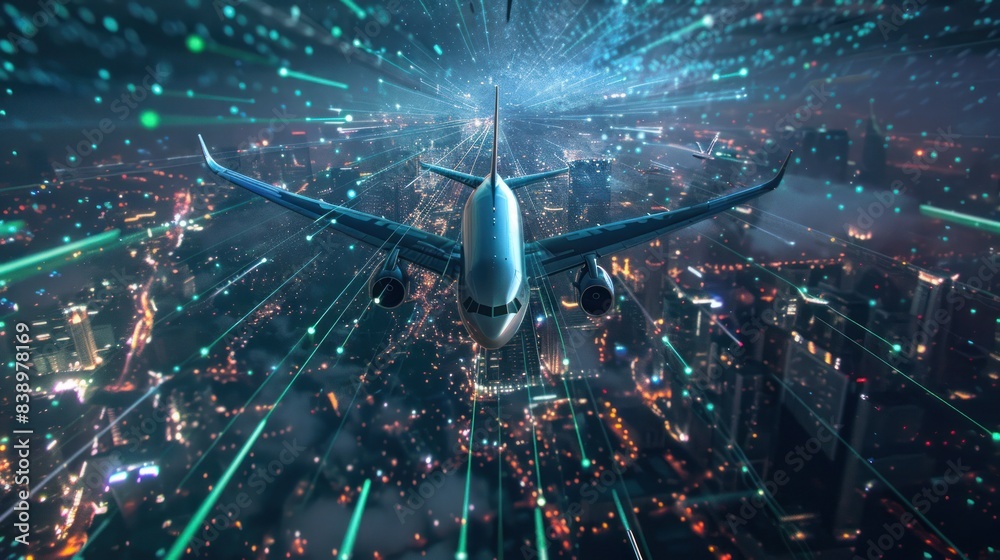 Delivery plane flying with technology lines on it. Transportation airline technology concept. Delivery plane flying with technology lines on it. Transportation airline technology concept.