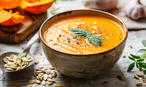 Creamy Pumpkin Soup in Rustic Bowl with Fresh Basil, Pumpkin Seeds, and Spices on Wooden Table, Perfect for Autumn Comfort Food and Seasonal Recipes photo