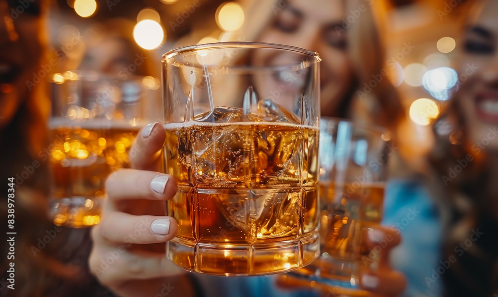 Excited Business Team Building Gathering with Diverse Members Toasting Golden Beverages in Formal Attire at Evening Celebration Excited Business Team Building Gathering with Diverse Members Toasting Golden Beverages in Formal Attire at Evening Celebration