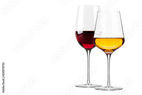 Set of red and white wine glasses isolated on white background. Rose wine splashing in glassware.