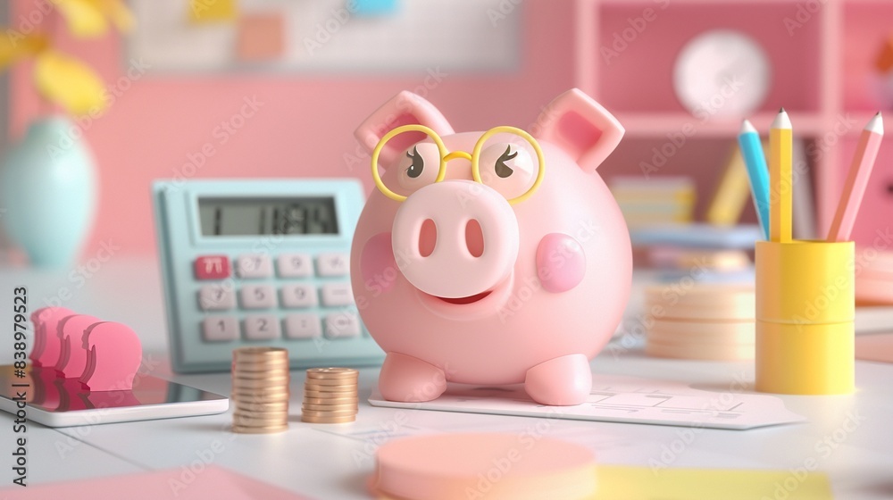 3D cartoon minimalist budgeting scene, concept of financial planning, soft and clear visuals 3D cartoon minimalist budgeting scene, concept of financial planning, soft and clear visuals