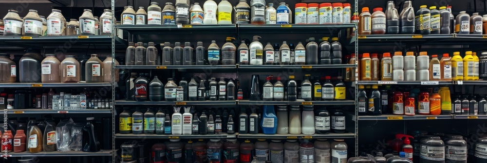 A commercial closeup of shelves in an auto parts store stacked with various bottles and products