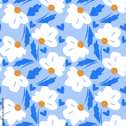 Seamless pattern with abstract daisies on blue background