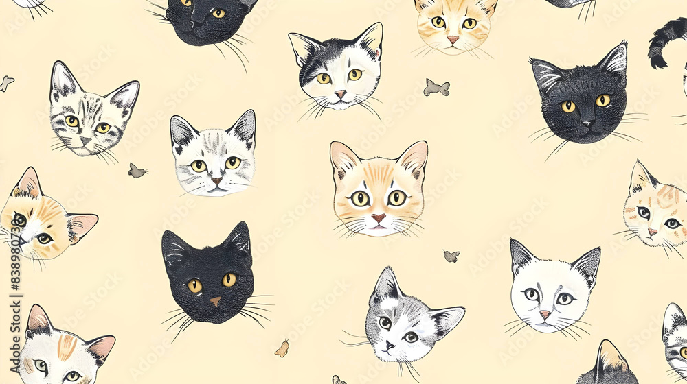 Cute Hand-drawn Cat Head Pattern in Pastel Yellow Background