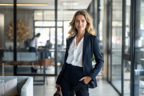 AI generated illustration of a blonde businesswoman in a suit stands in an office space Free Download AI generated illustration of a blonde businesswoman in a suit stands in an office space - GFXLoad
