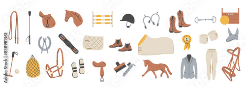 Horse riding colored flat icons vector set. Equestrian equipment illustrations in trendy modern hand drawn style. Equine sports signs. Dressage, show jumps elements. Horse stable tack. 