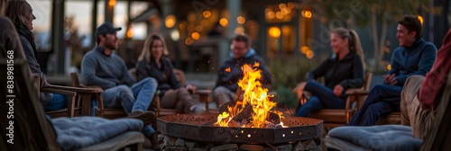 A group of friends gather around a crackling fire pit  enjoying the warmth and conversation on a chilly evening