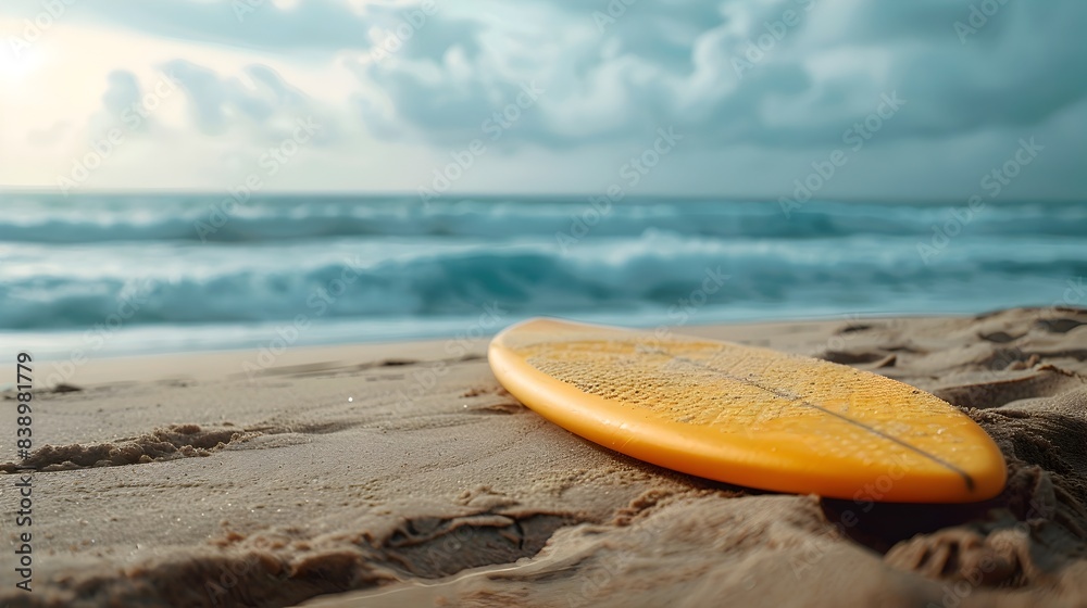 Obraz premium Surfboard at Rest on the Sandy Beach Against the Backdrop of Crashing Ocean Waves