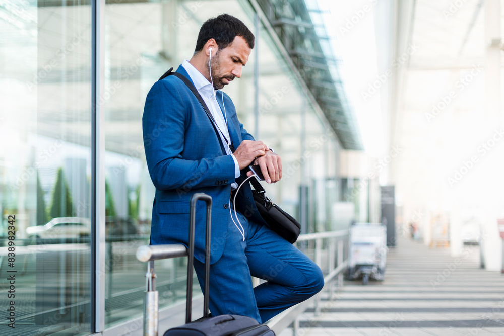 Businessman at airport, looking on watch Businessman at airport, looking on watch