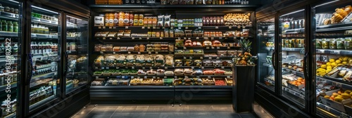  A grocery store with a variety of food and drinks displayed in a refrigerated aisle illuminated by natural
