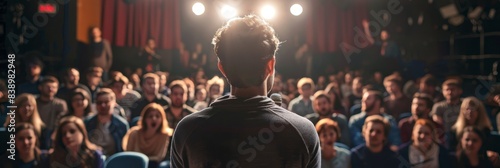 A standup comedian performs in front of a large, enthusiastic audience in a dimly lit theater photo