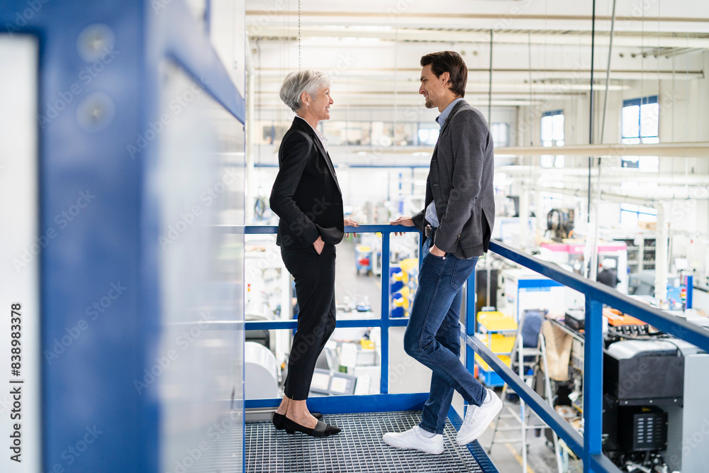 Smiling businessman and senior businesswoman talking in a factory