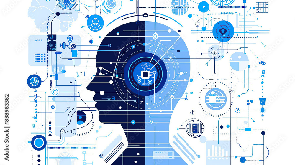 Vector illustration of an AI head with digital elements and symbols, on a white background Vector illustration of an AI head with digital elements and symbols, on a white background