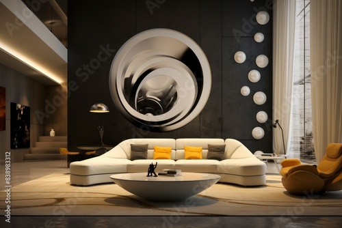 Contemporary living room showcasing an elegant white sofa and striking circular wall art