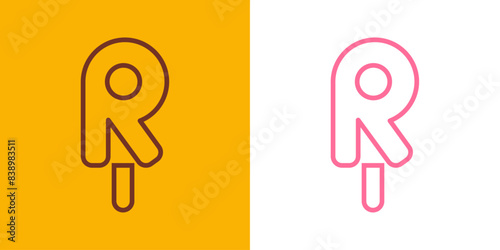 Logo popsicle. Silueta con líneas de helado de paleta sabor fresa y chocolate con forma de letra inicial R
