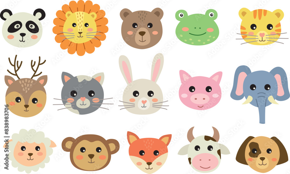 Collection of cute face animals. Hand drawn vector illustration of cartoon characters