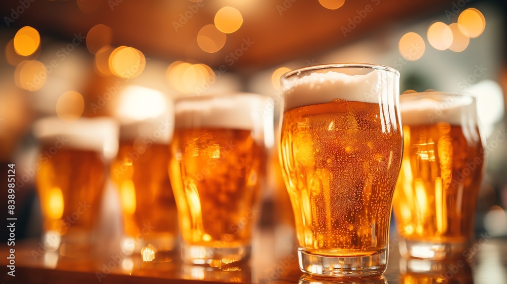 Closeup of five glasses of beer on a bar counter with bokeh lights in the background. Closeup of five glasses of beer on a bar counter with bokeh lights in the background.