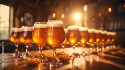 Row of beer glasses on a wooden bar counter with warm lighting. photo