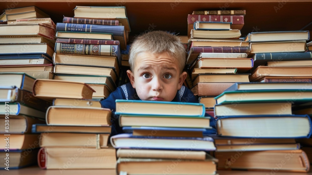 A young boy looks stressed as he is surrounded by a towering stack of books A young boy looks stressed as he is surrounded by a towering stack of books