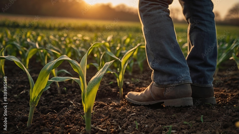 A person wearing jeans and brown boots is walking through a field of green corn at sunset. A person wearing jeans and brown boots is walking through a field of green corn at sunset.