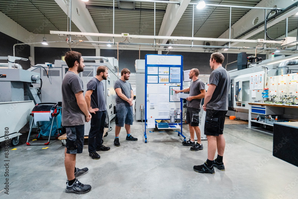 Maintenance engineers planning over chart on whiteboard while standing in meeting at industry