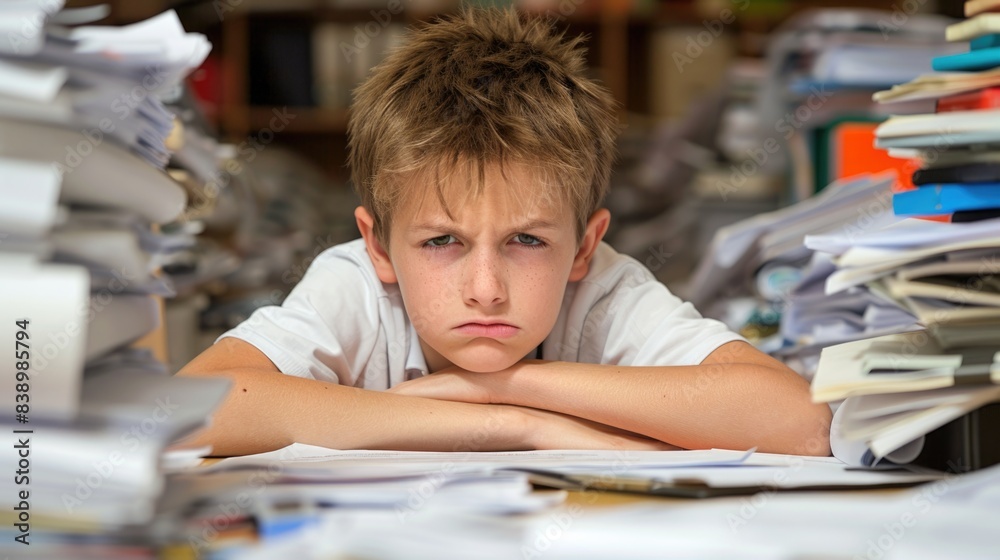 A young schoolboy sits at a desk in a library, his face etched with stress as he looks at a towering stack of books and papers A young schoolboy sits at a desk in a library, his face etched with stress as he looks at a towering stack of books and papers